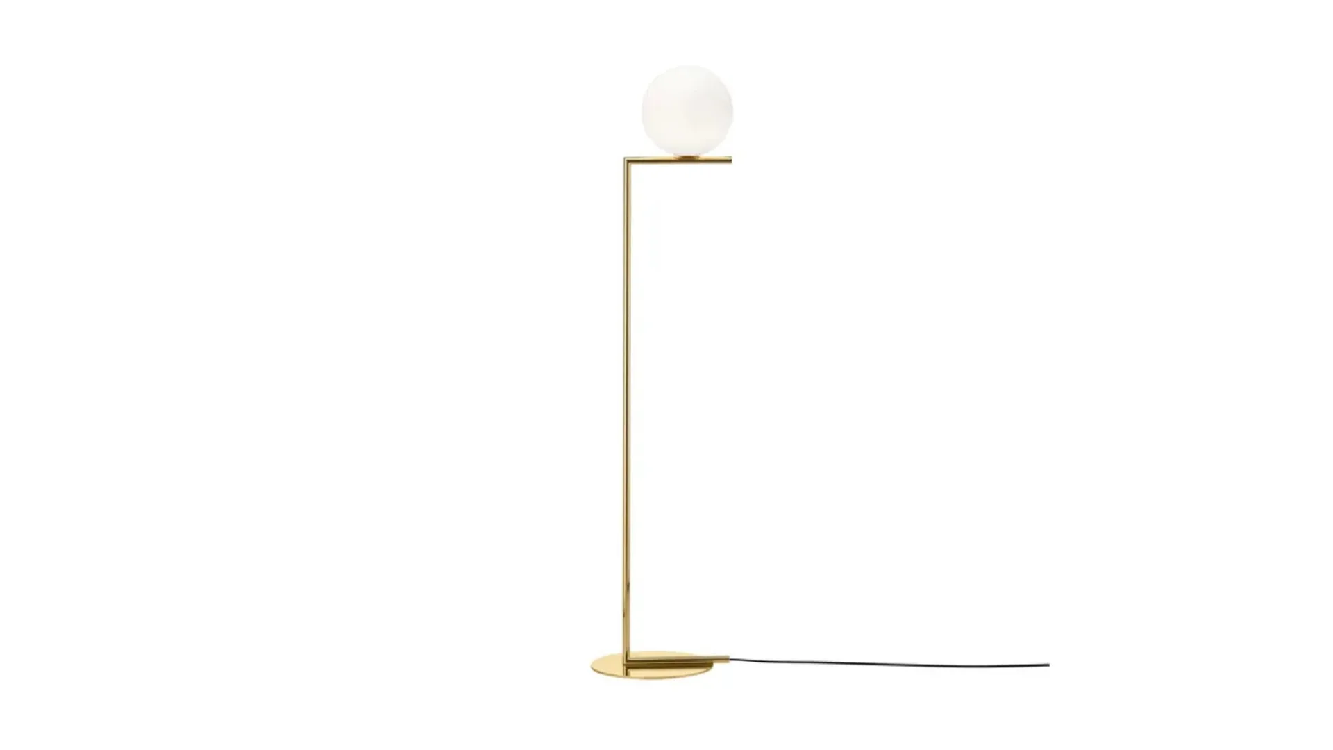 A floor lamp with a brass stand and one spherical light fitting on top.