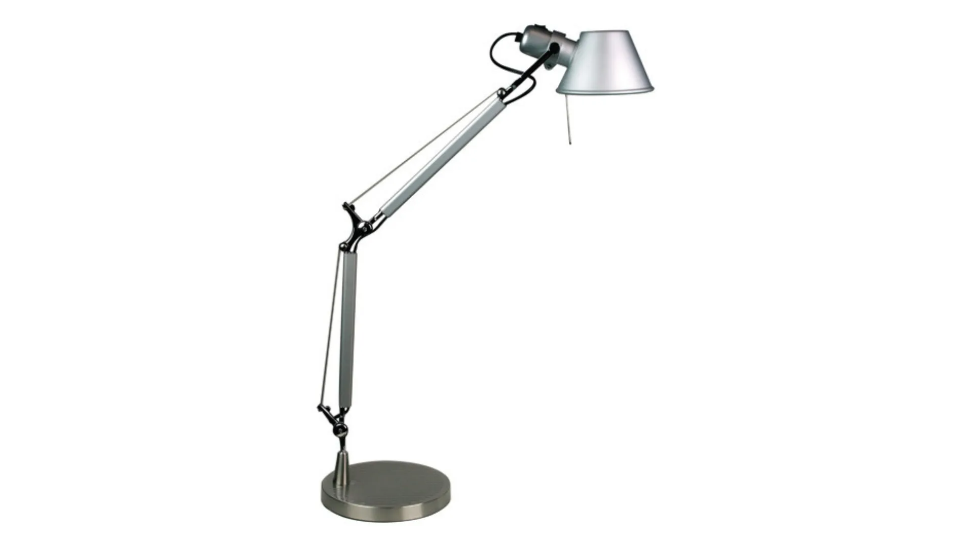 A desk lamp with a silver finish