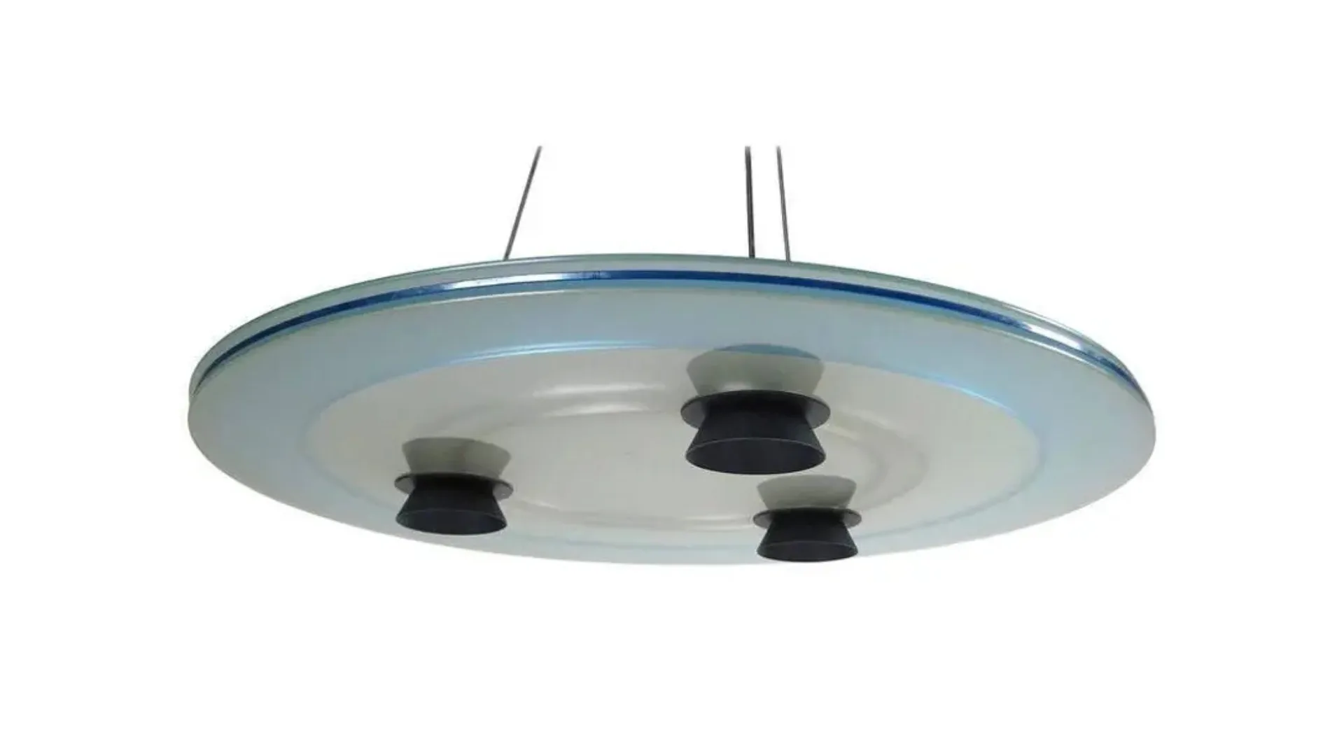 A light pendant that is reminiscent of a flying saucer.