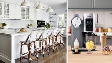 Split image: on the right, a white and wood kitchen and on the left, the Ninja Creami Ice Cream maker, Ninja Black Friday Sale 2025