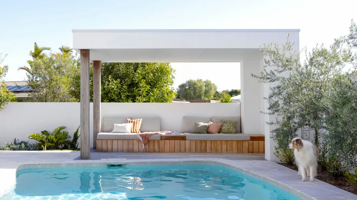 Pool and cabana with a dog