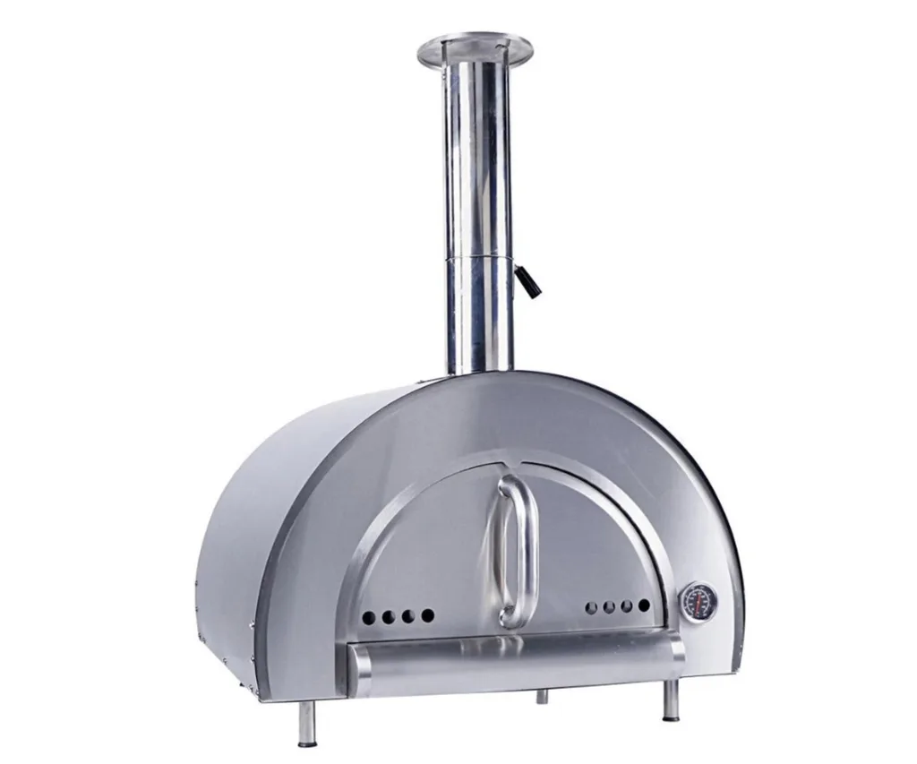 A built-in stainless steel wood-fired pizza oven