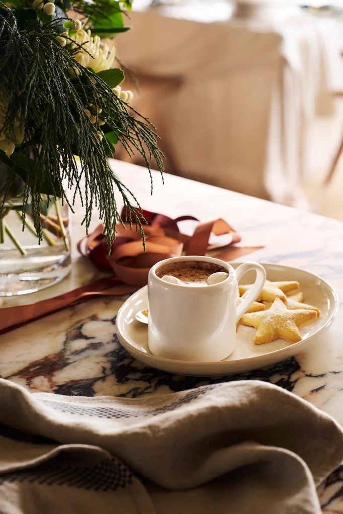 A close up photo of a marble kitchen counter, with an oval shaped white plate which has a white mug on it. The white mug is filled with hot chocolate and two marshmallows. Star shaped biscuits are placed beside it, on the plate. A vase filled with greenery and a brown tea towel are also visible in the photo.