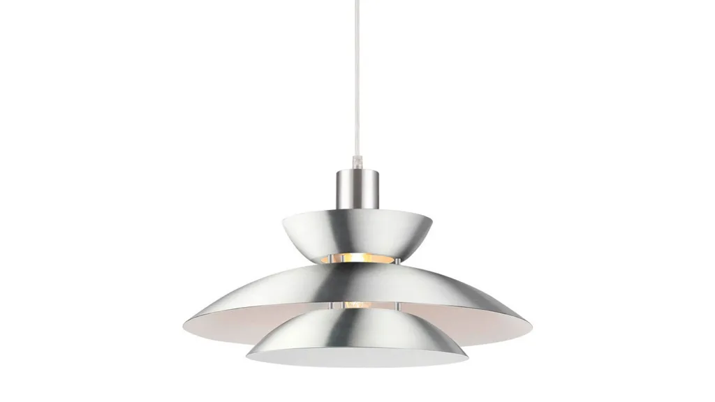 A pendant light with a satin Chrome finish that has a similar silhouette to the iconic PH lamps of the 1930s.