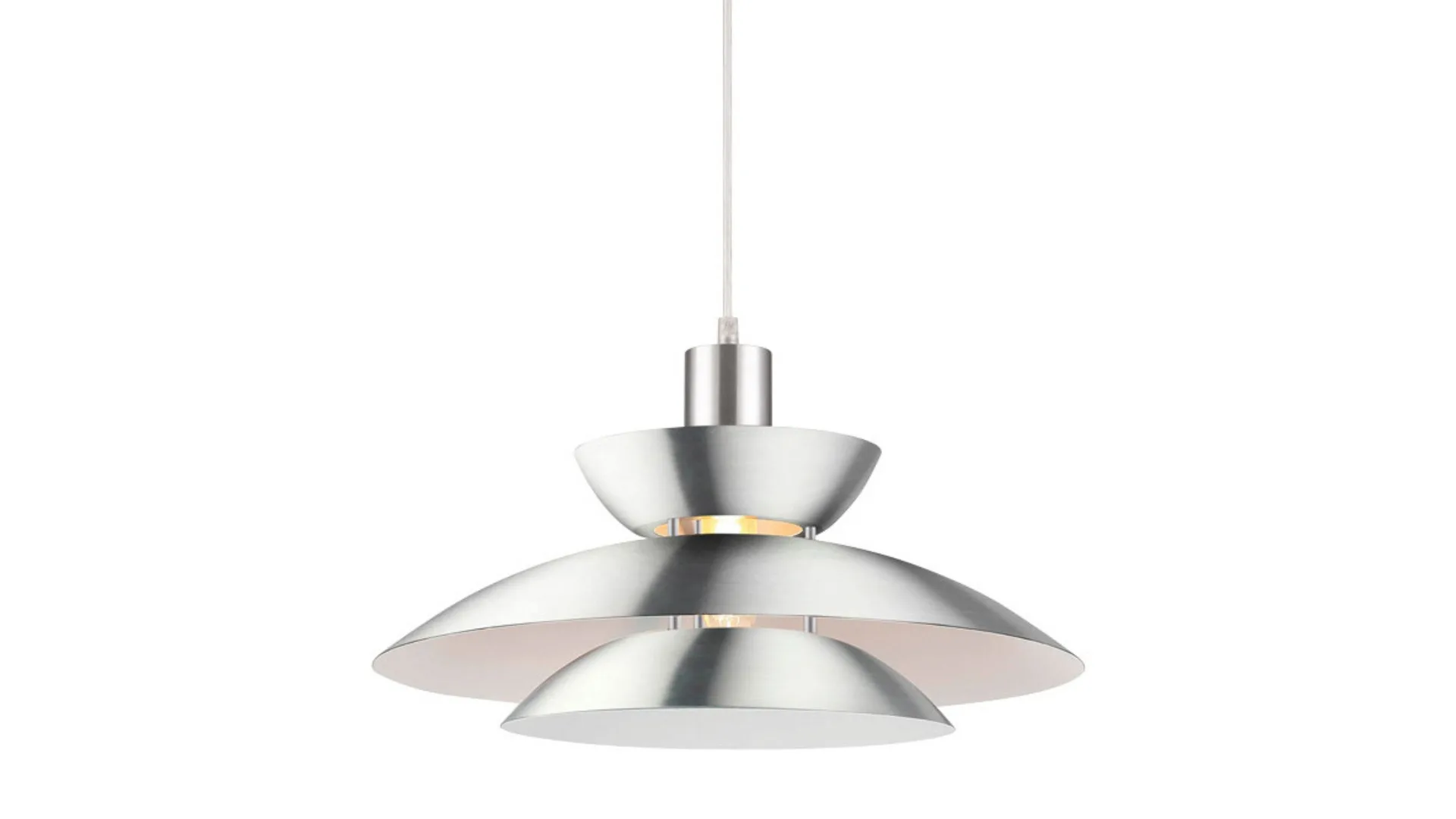 A pendant light with a satin Chrome finish that has a similar silhouette to the iconic PH lamps of the 1930s.