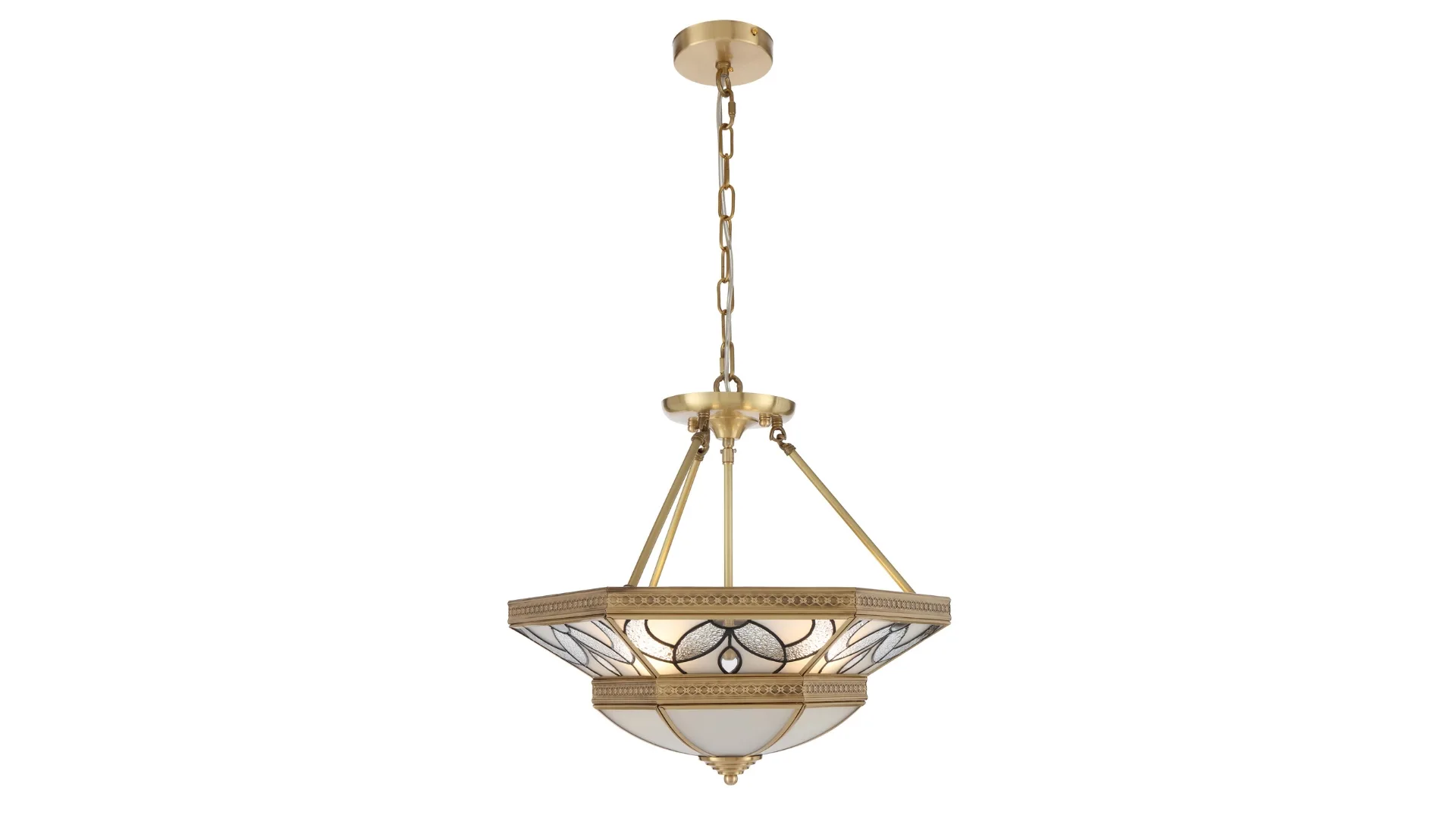 A pendant light with ornate details.