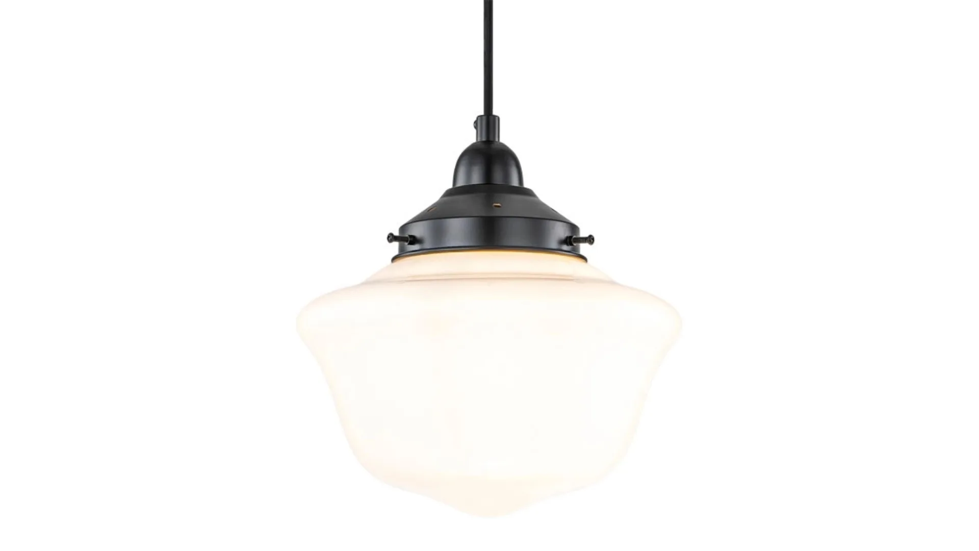 A pendant light with a silhouette similar to the schoolhouse pendant of the 1930s.