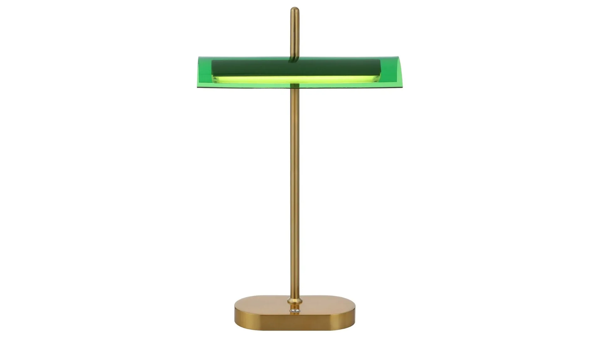 A table lamp with a green shade, similar to a banker lamp.