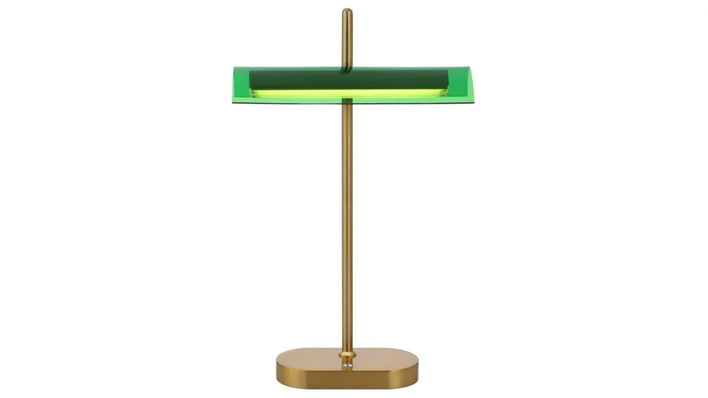 A table lamp with a green shade, similar to a banker lamp.
