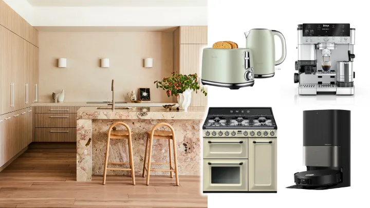 Split image; on the left a neutral toned kitchen and on the right a selection of deals from the best Black Friday appliance sales