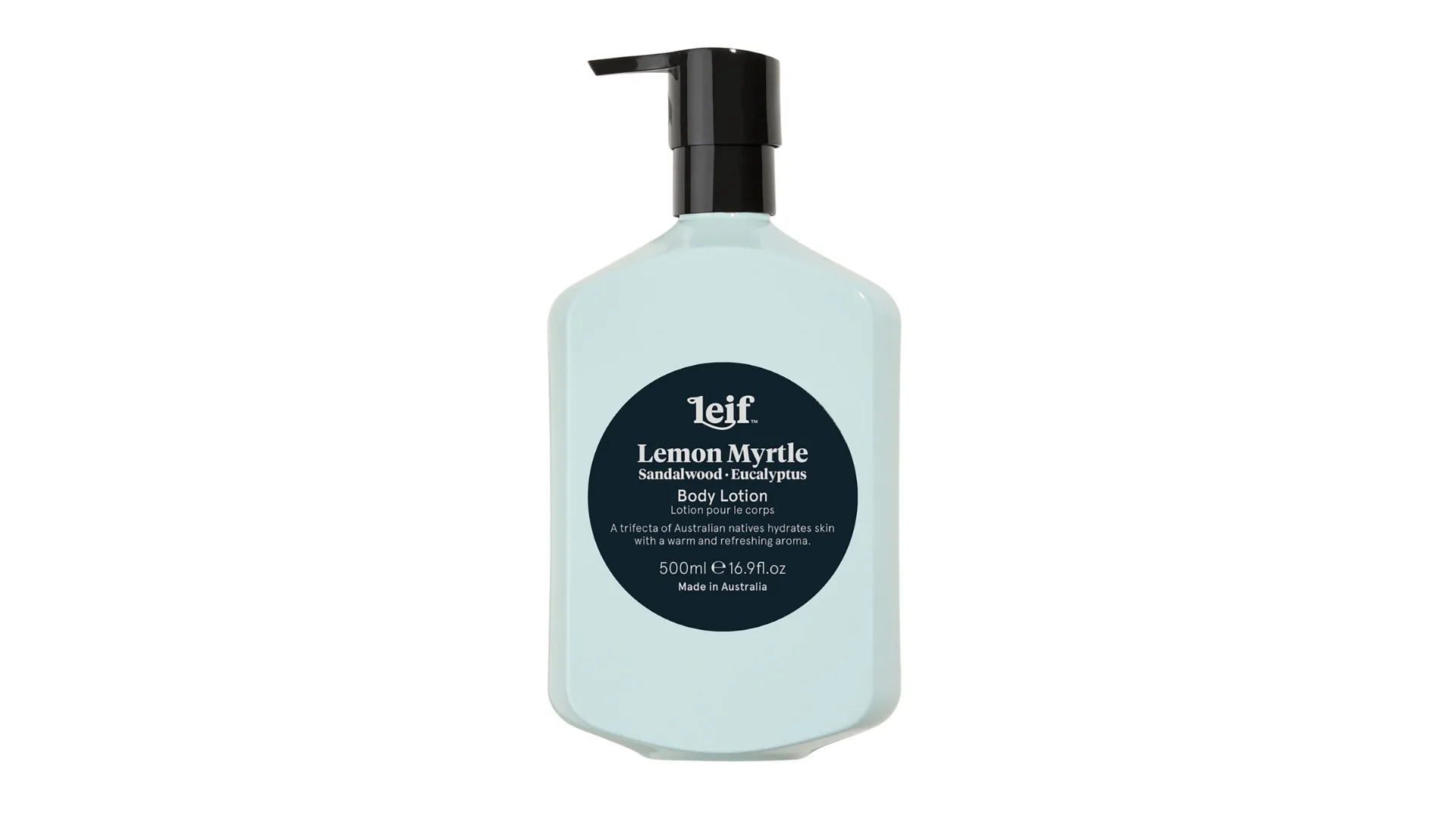 Blue body lotion with a sandalwood and eucalyptus scent
