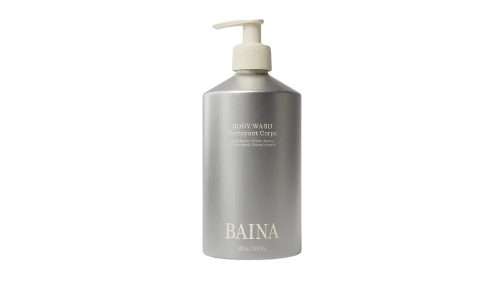A silver body wash bottle