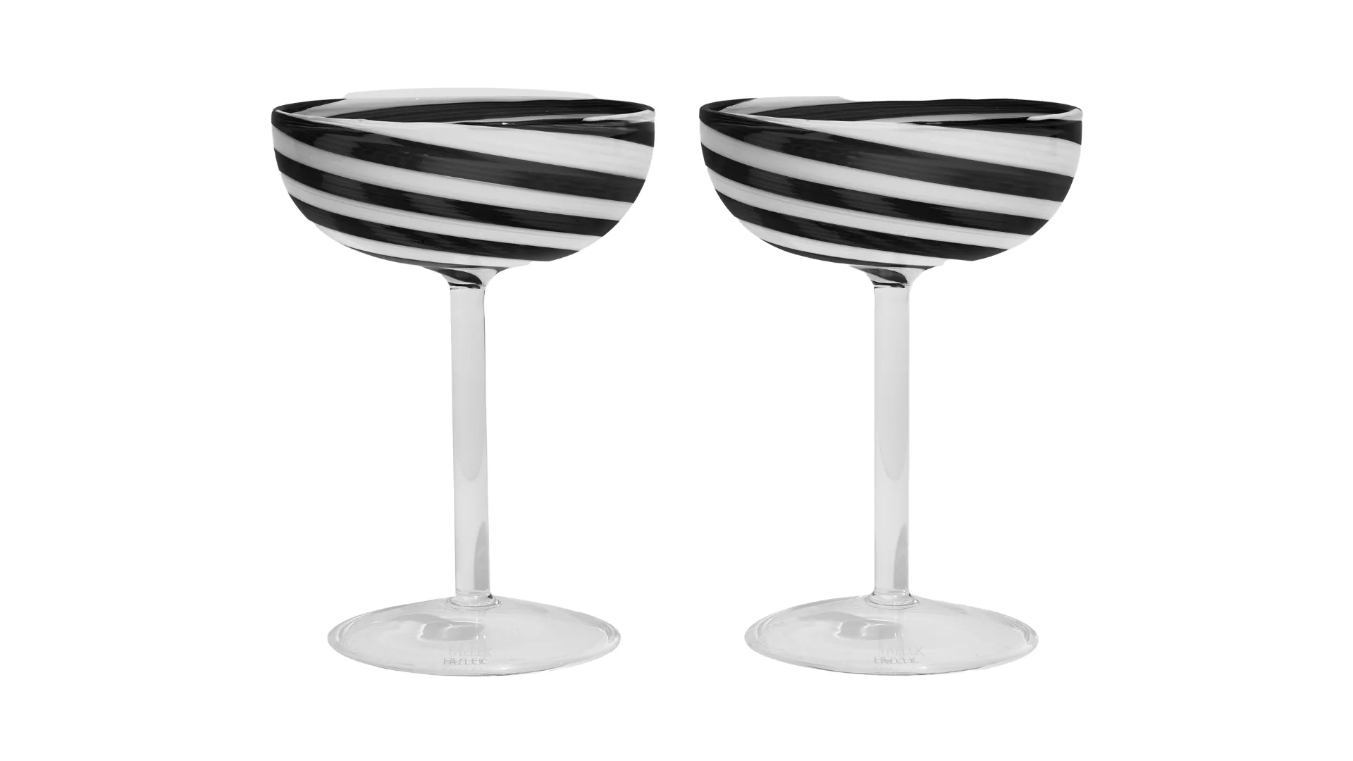 Two coupes, with black and white stripes on the cup portion