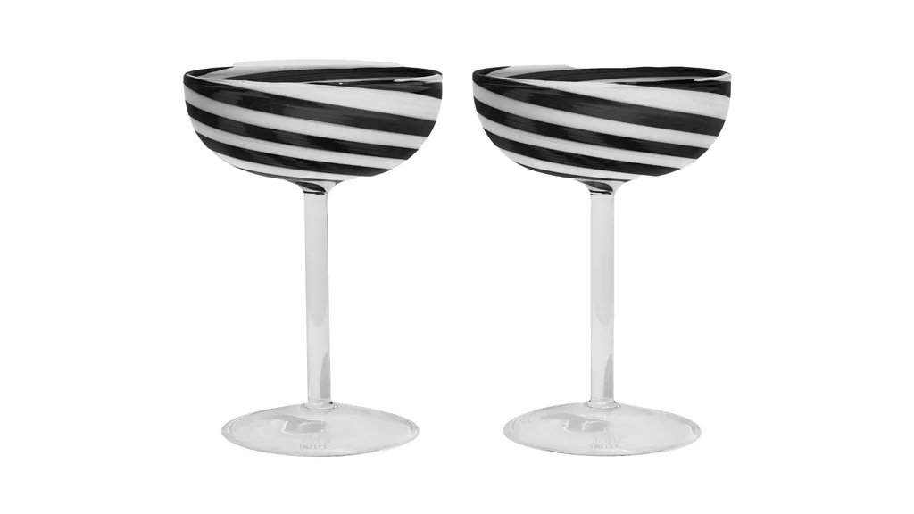Two coupes, with black and white stripes on the cup portion