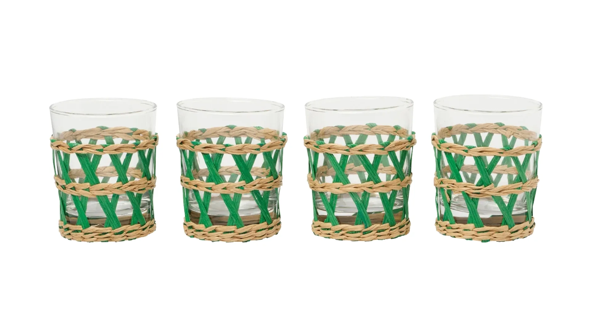Four glass tumblers with woven pattern around the outside.