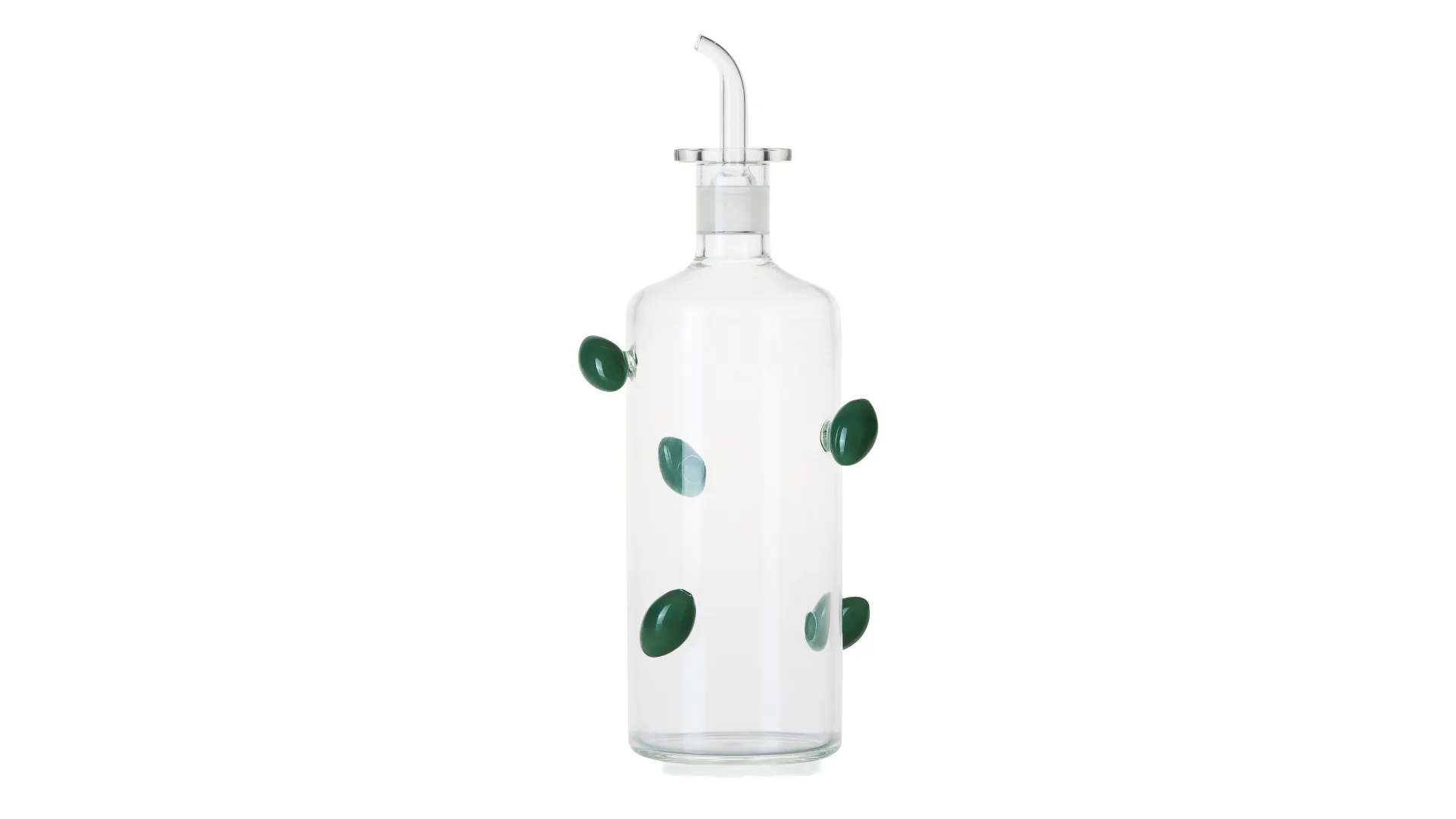 An olive oil bottle with glass olives attached to the sides