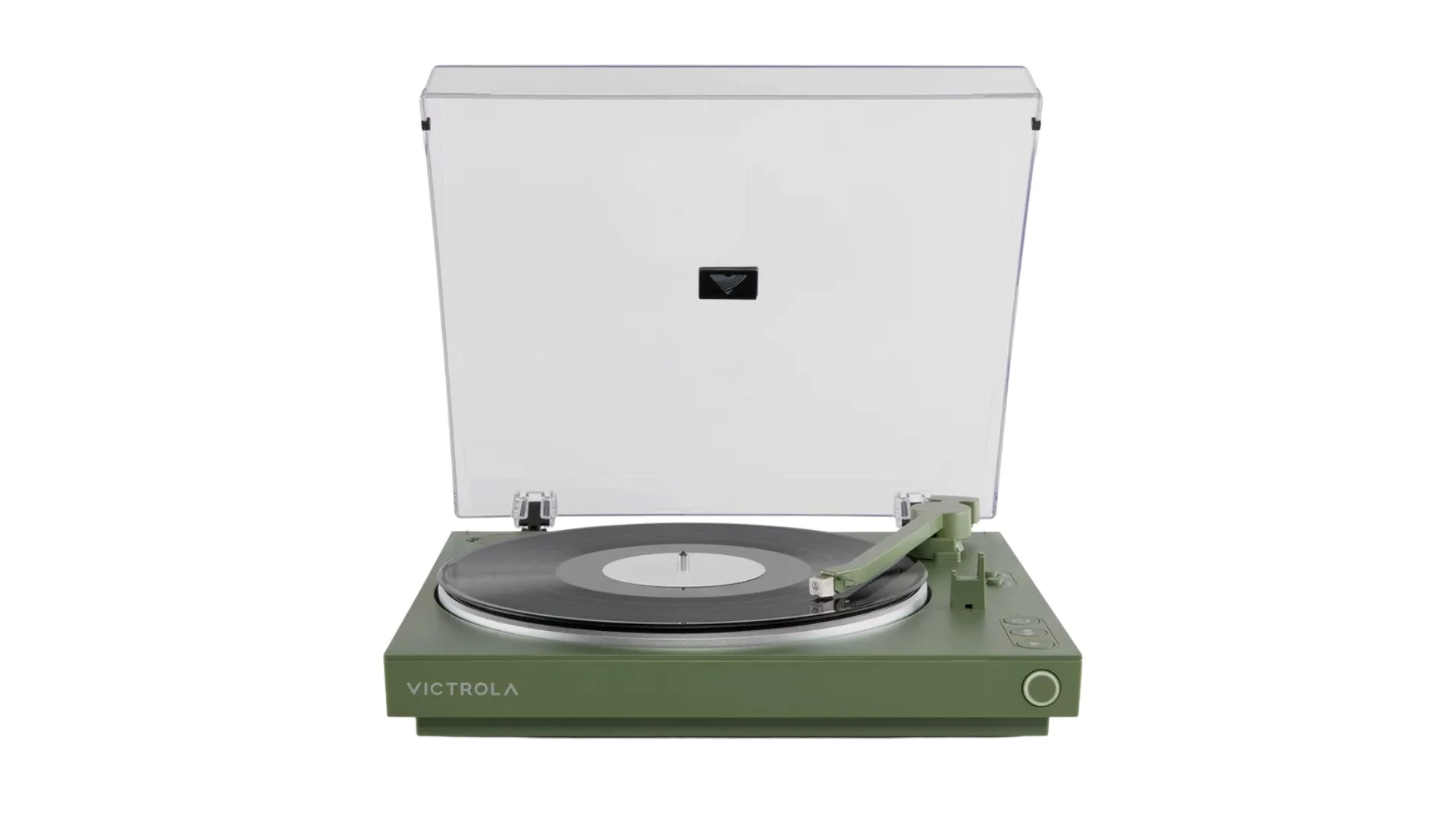 Green record player, also called a turntable