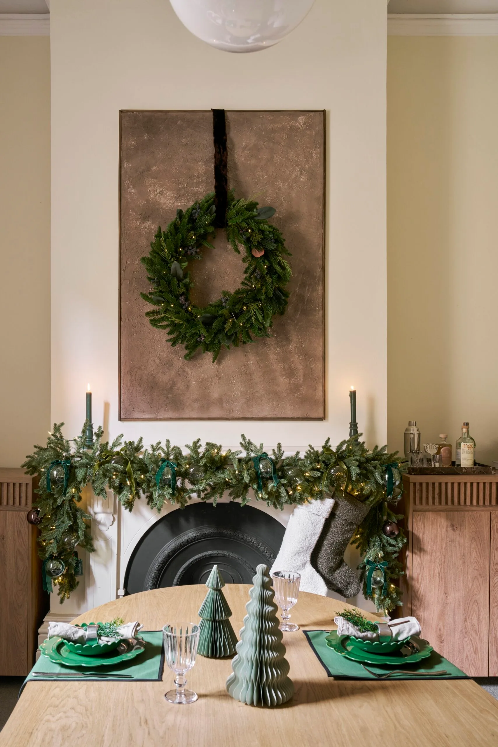 Paper accordian decorations on the dining table. 