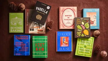 the latest interior design, gardening and cook books arranged on brown velvet fabric with pine cones and Christmas baubles