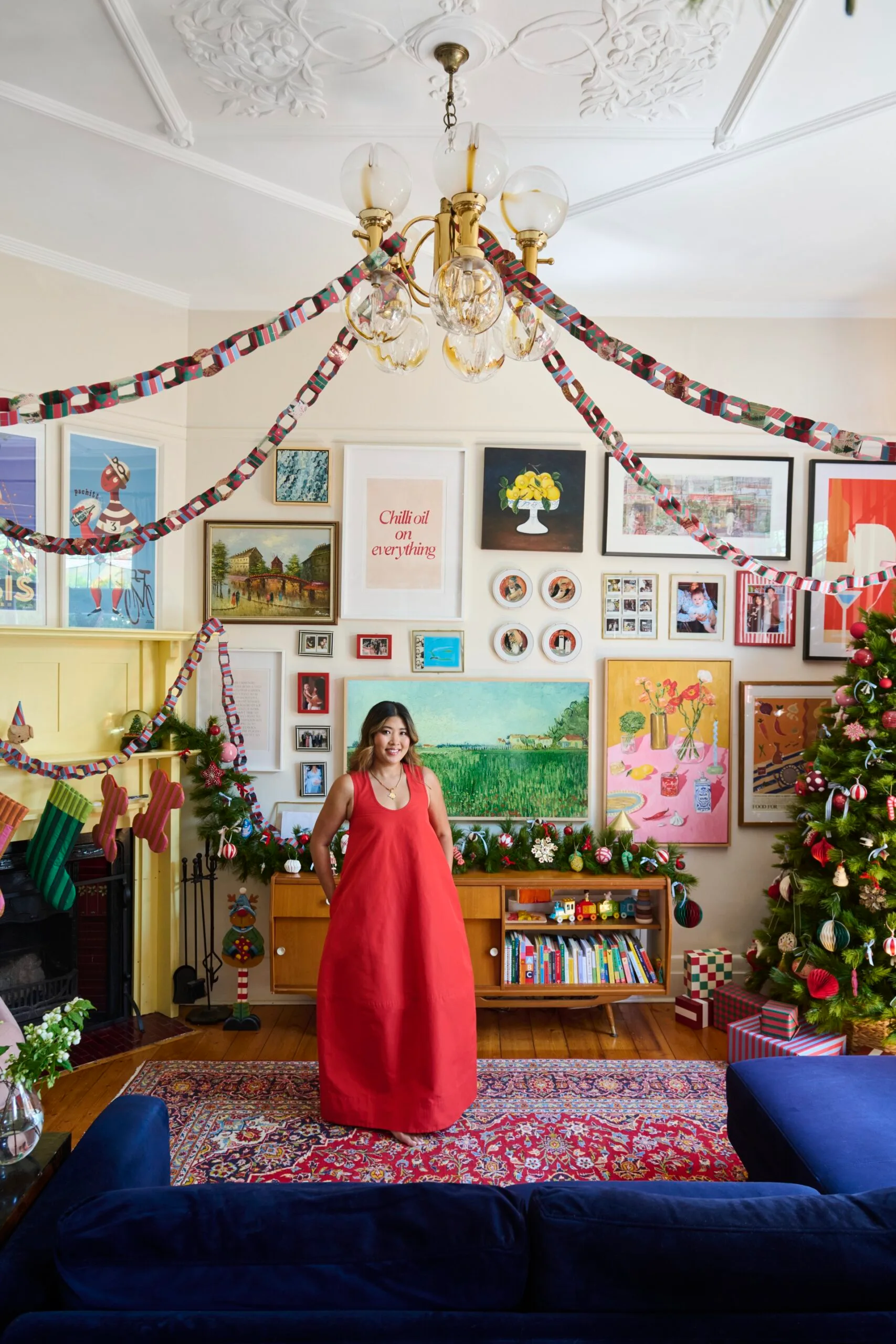 Jess Nguyen's living room decorated at Christmas.