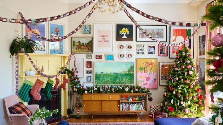 Jess Nguyen's living room decorated at Christmas.
