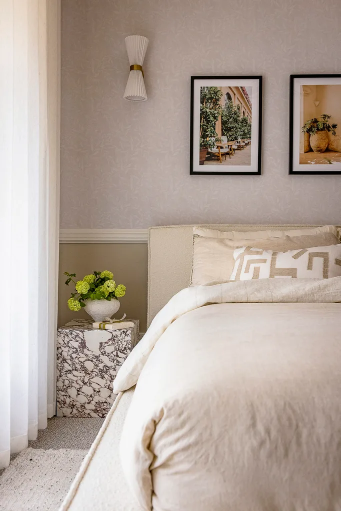 Rachel and Ryan's renovated bedroom at their South Coast holiday house.