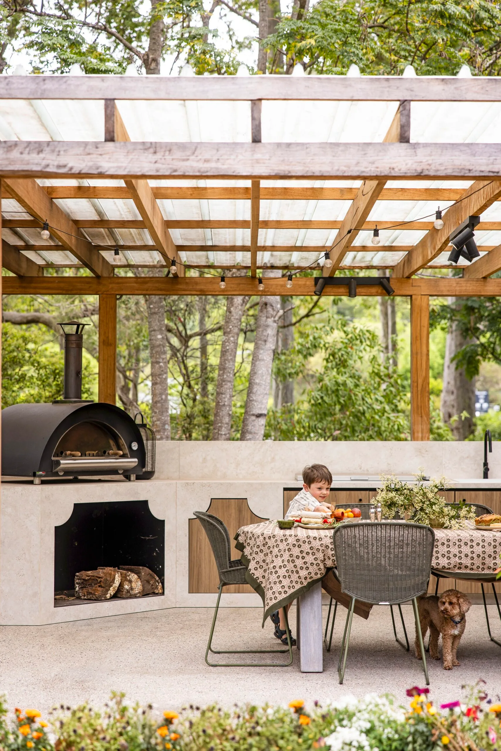 Rachel and Ryan's outdoor dining area at their South Coast home. 