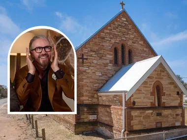 The Block contestant Mat inset with South Australia church