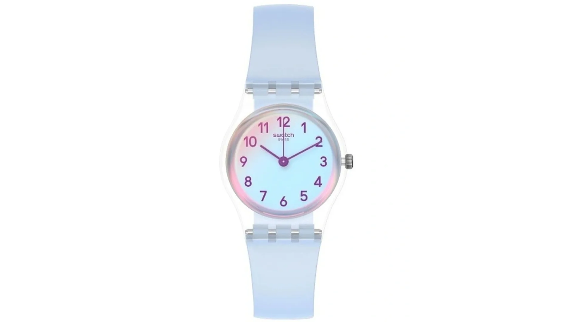 A blue and clear Swatch wrist-watch