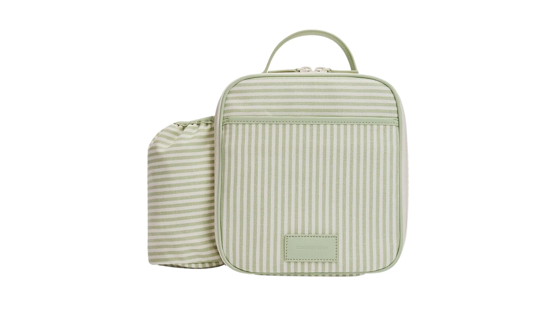 A lunch box with a green and white striped design, with an attached holder for drink bottles.