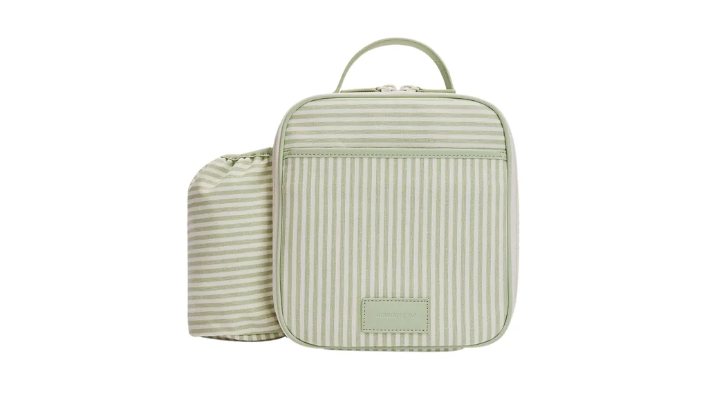 A lunch box with a green and white striped design, with an attached holder for drink bottles.