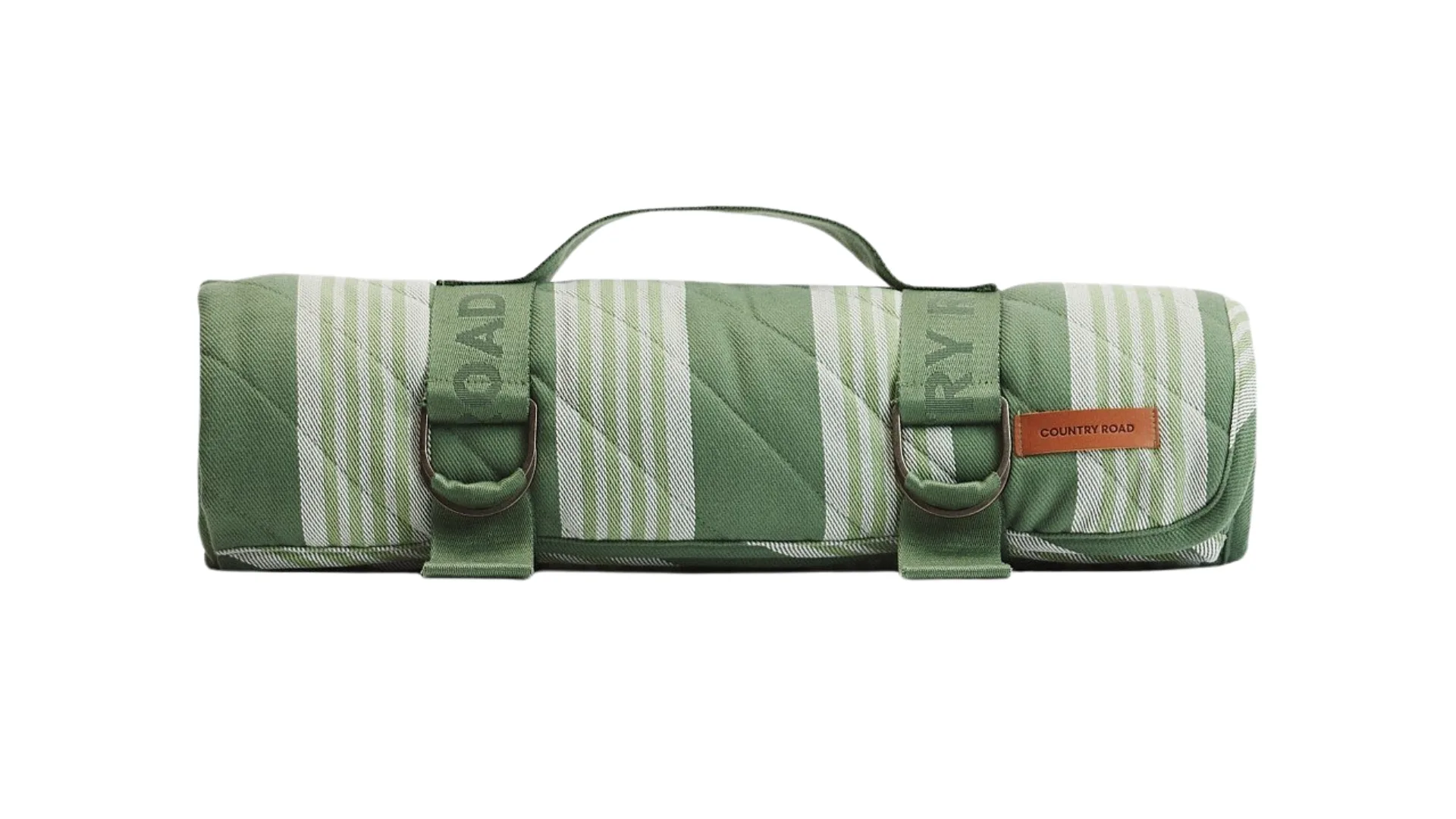 A rolled up picnic blanket with straps that has a green and white striped design.