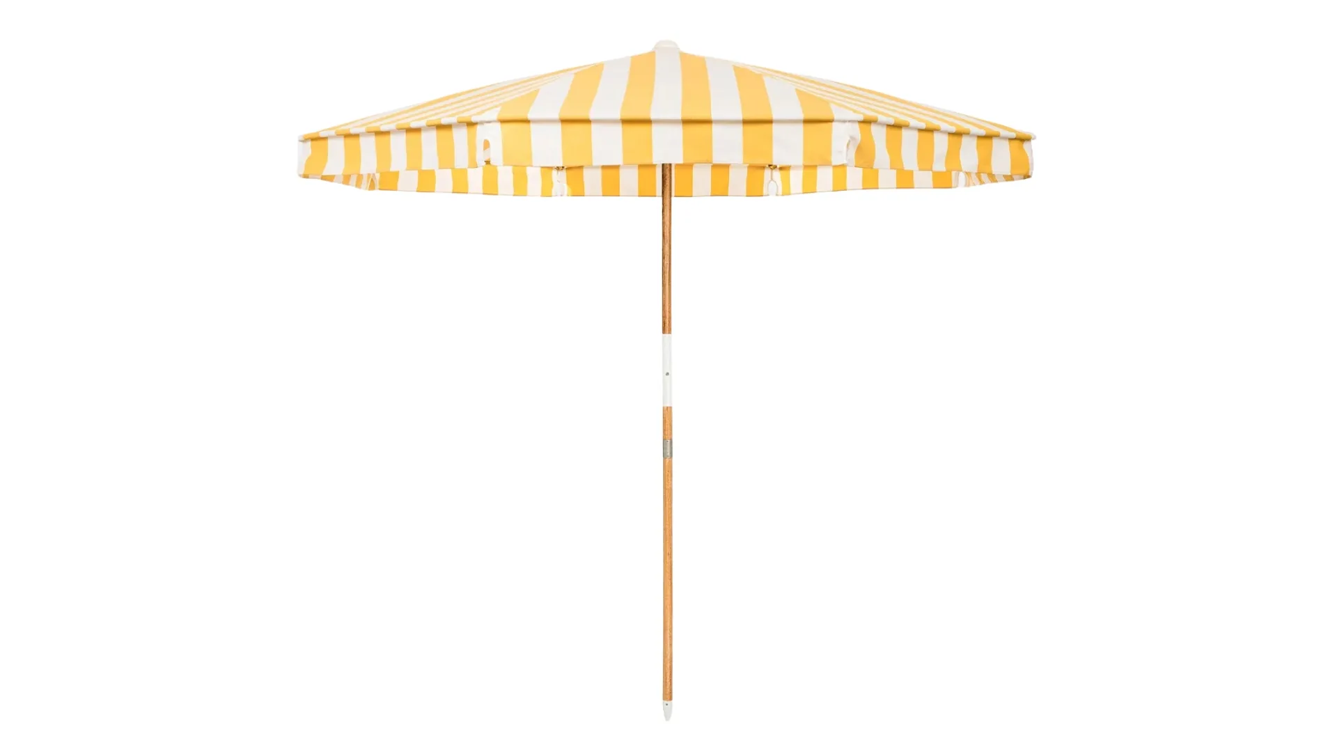 A yellow and white striped beach umbrella