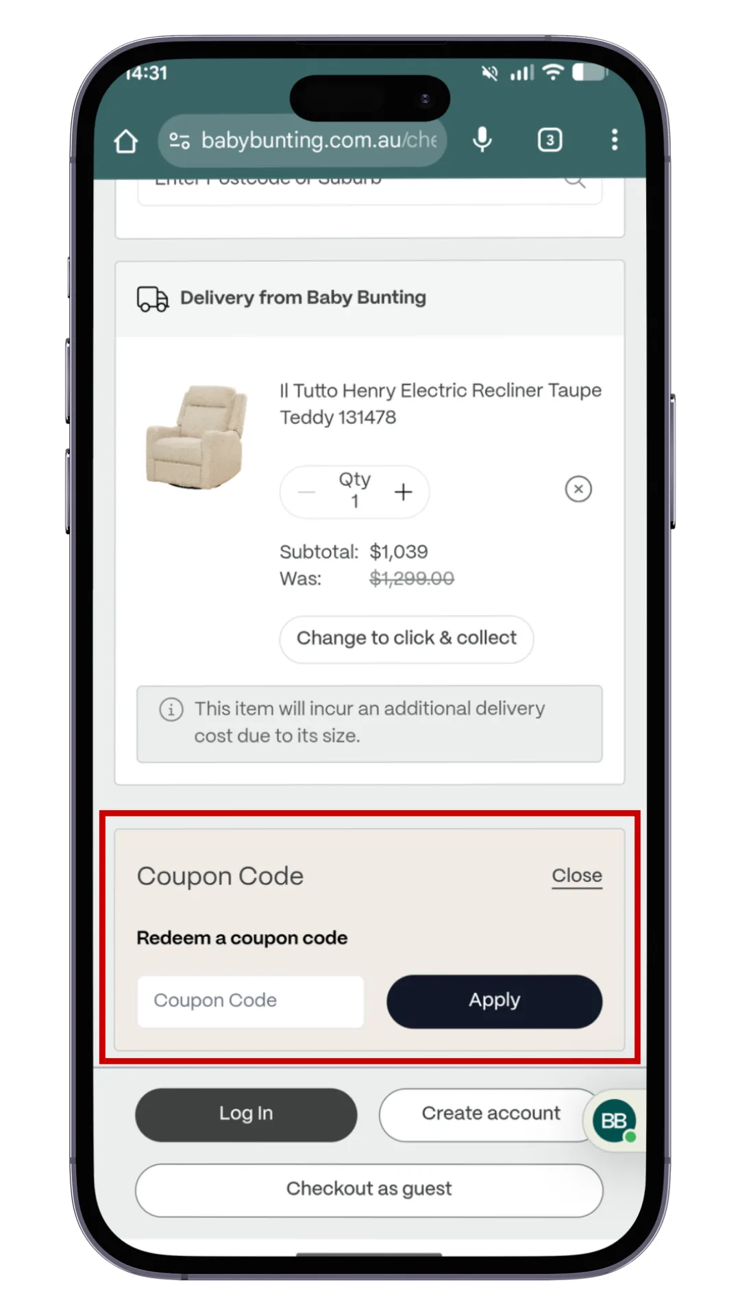 You can enter a Baby Bunting discount code in the field marked 'promo code' at the checkout.