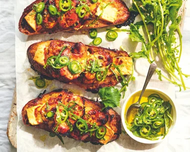 Donna Hay's harissa chicken and fetta baked garlic bread