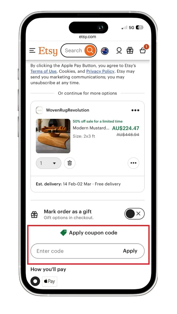 A screenshot of where to add an Etsy coupon code at checkout.
