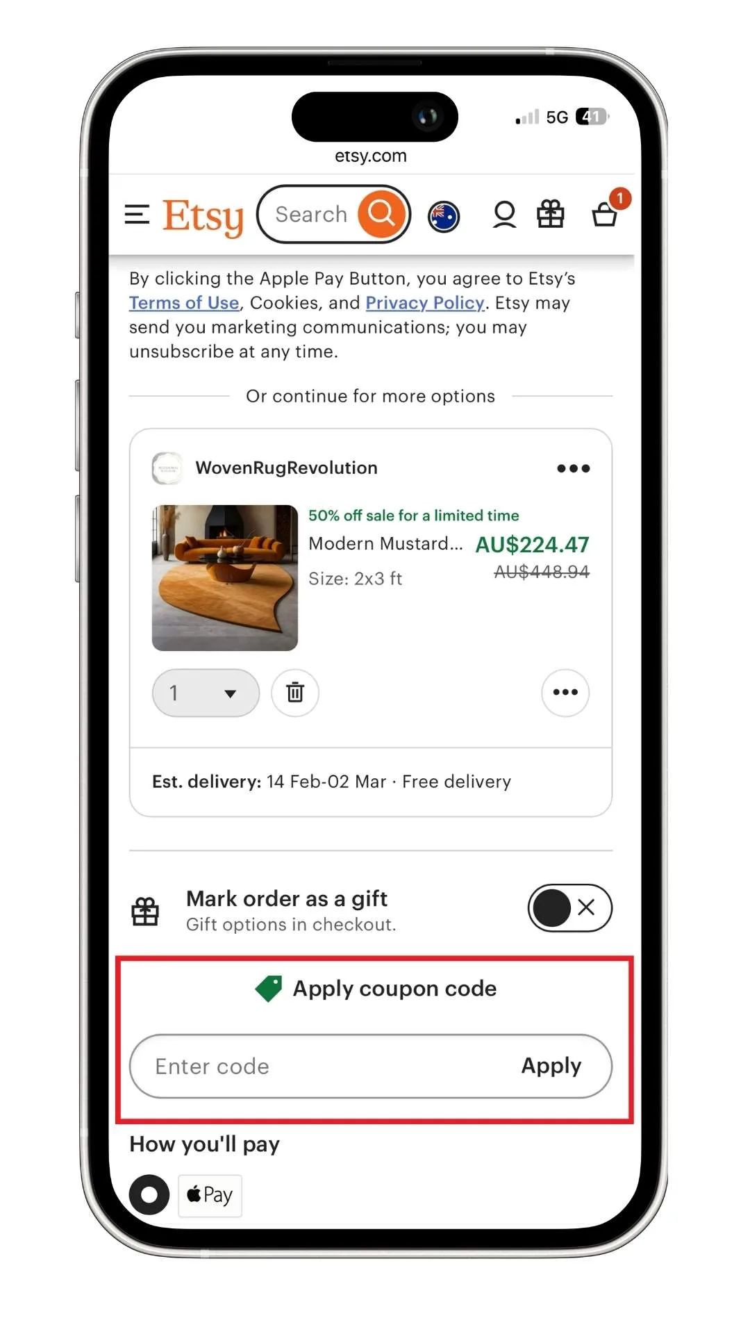 A screenshot of where to add an Etsy coupon code at checkout. 