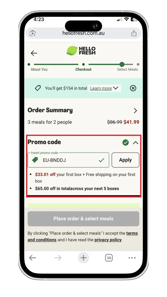 A screenshot of where to add a HelloFresh discount code at checkout.