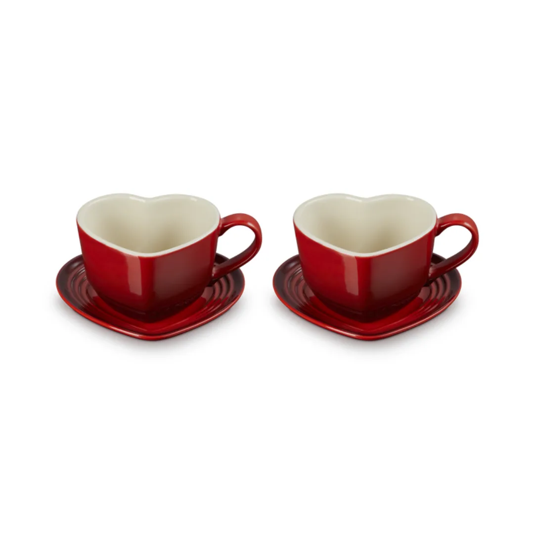 Le Creuset Valentine's Day Collection 2026 Stoneware Set of 2 Heart Mugs with Saucers
