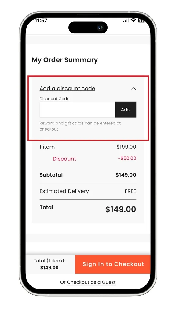 The field to enter Myer discount codes on mobile, which is revealed after selecting 'Add a discount code' during the checkout process.