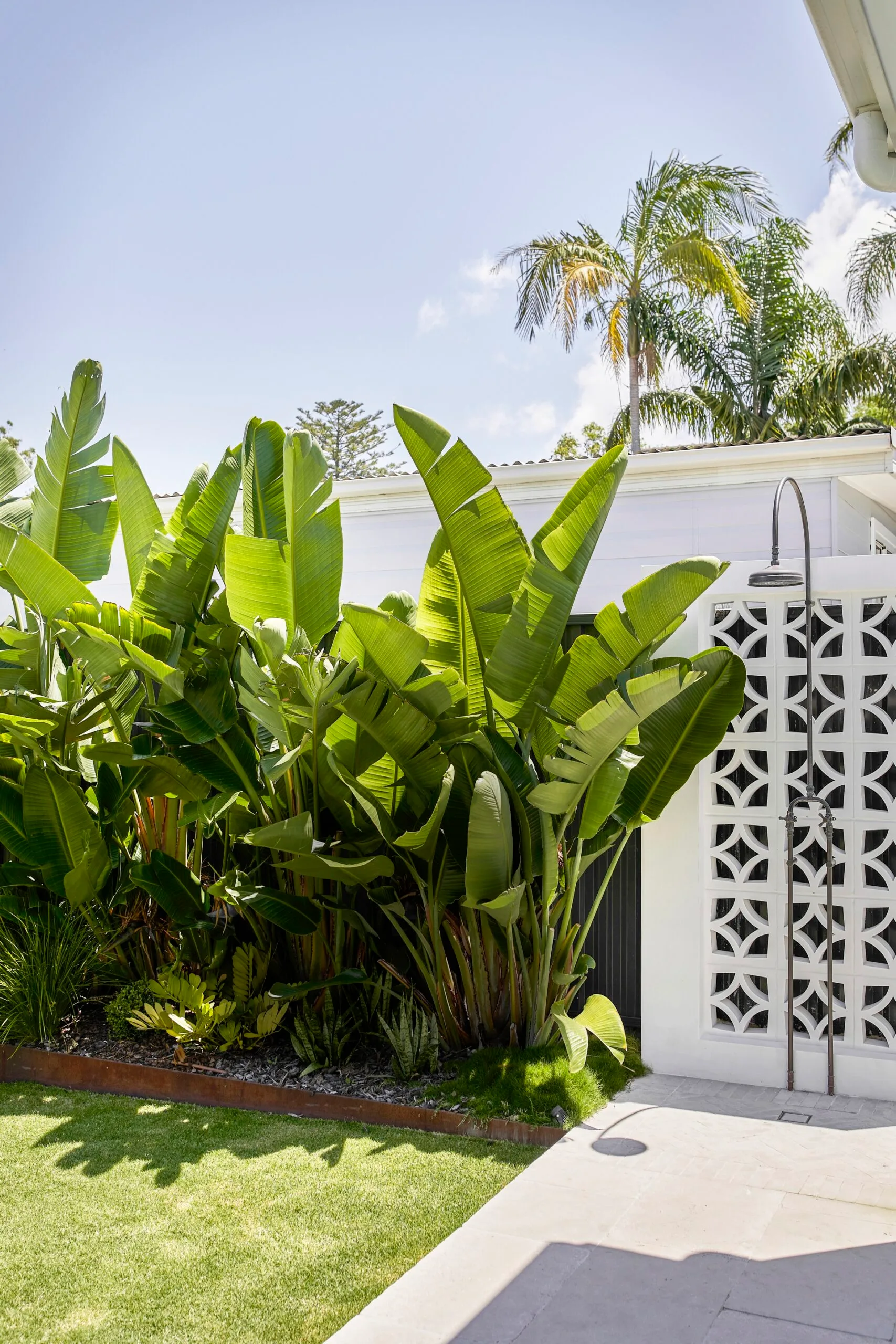 Outdoor shower beside a white modern screen, surrounded by lush tropical plants and a clear blue sky.