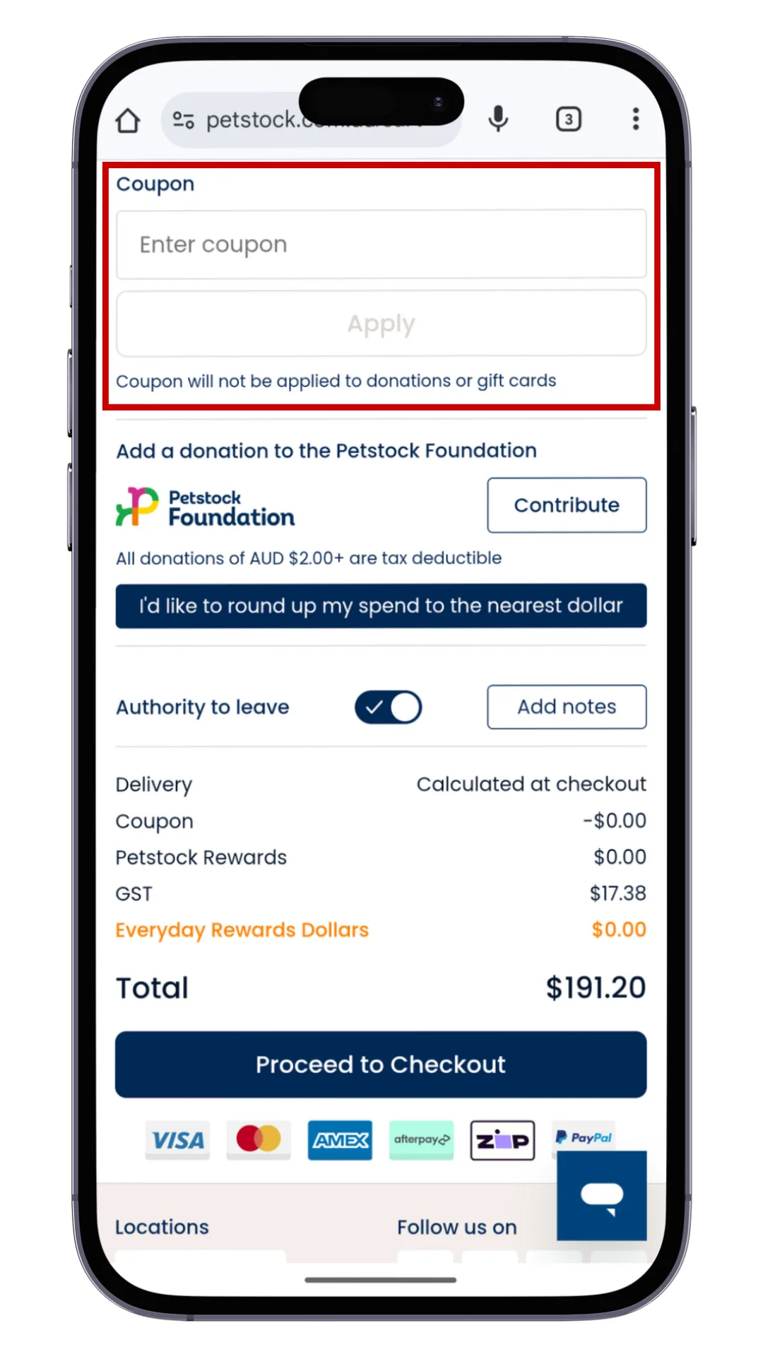 The Petstock coupon code field at checkout