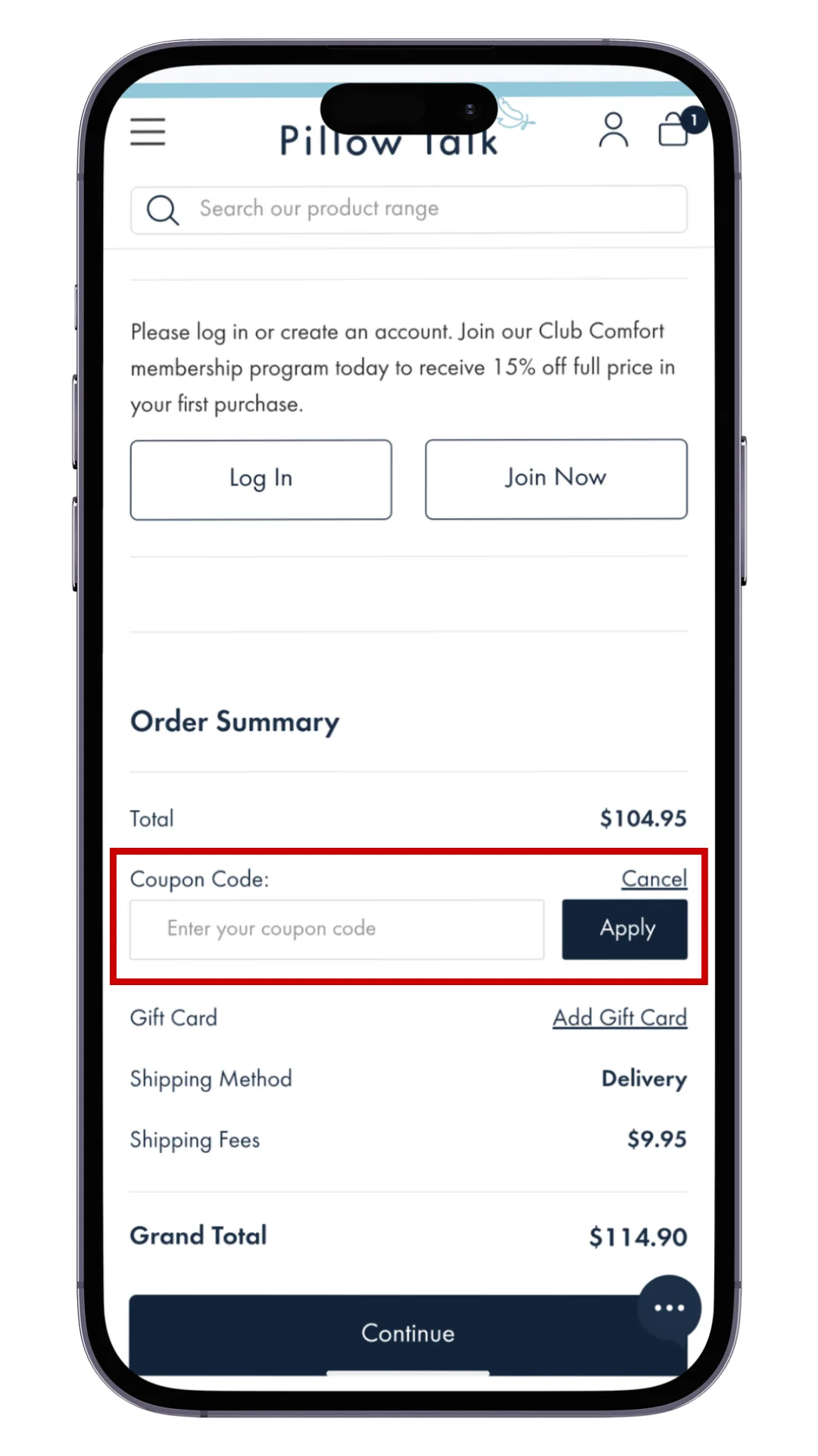 The Pillow Talk promo code field at checkout, which is labelled 'coupon code'
