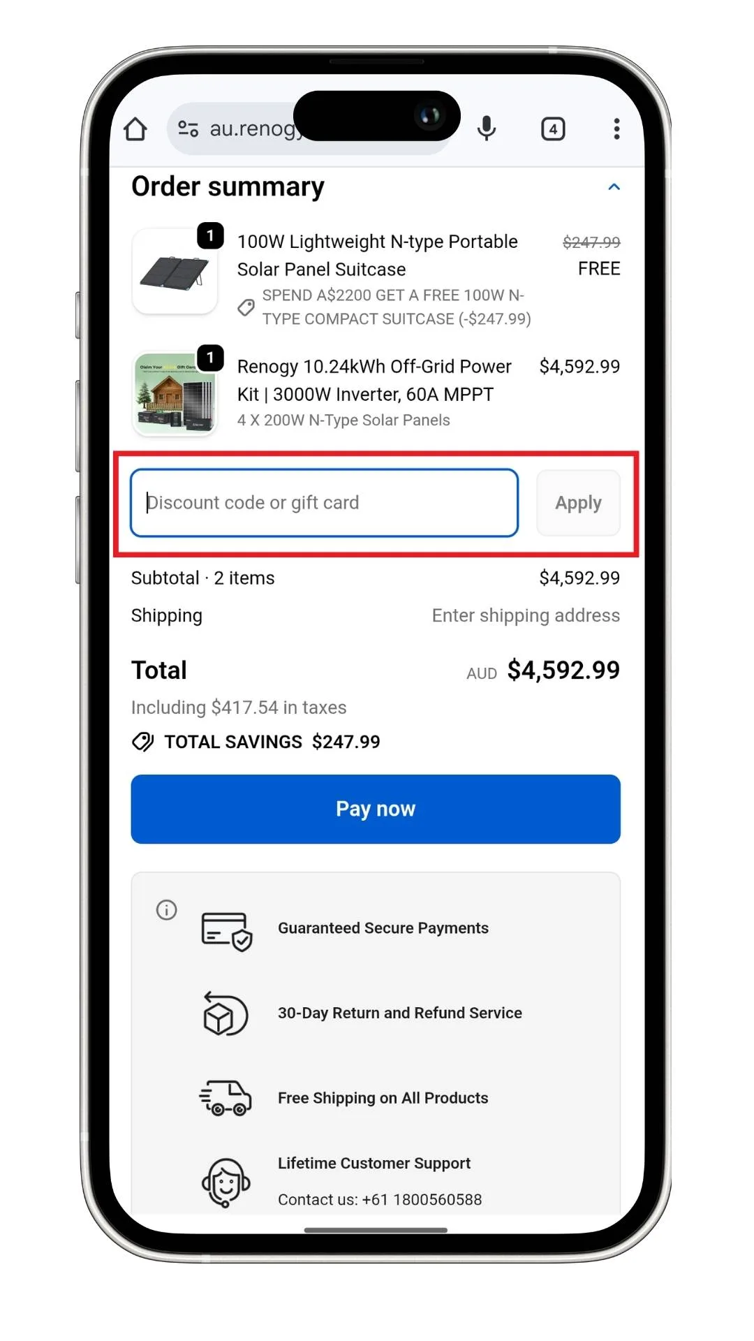 A screenshot of where to add your Renogy discount code at checkout.