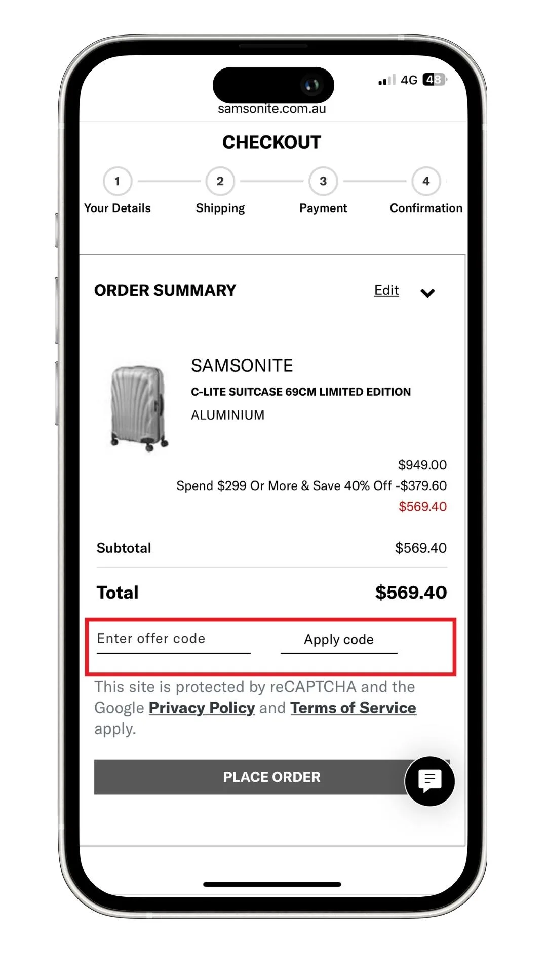 A sacreenshot of how to add a Samsonite discount code at checkout.