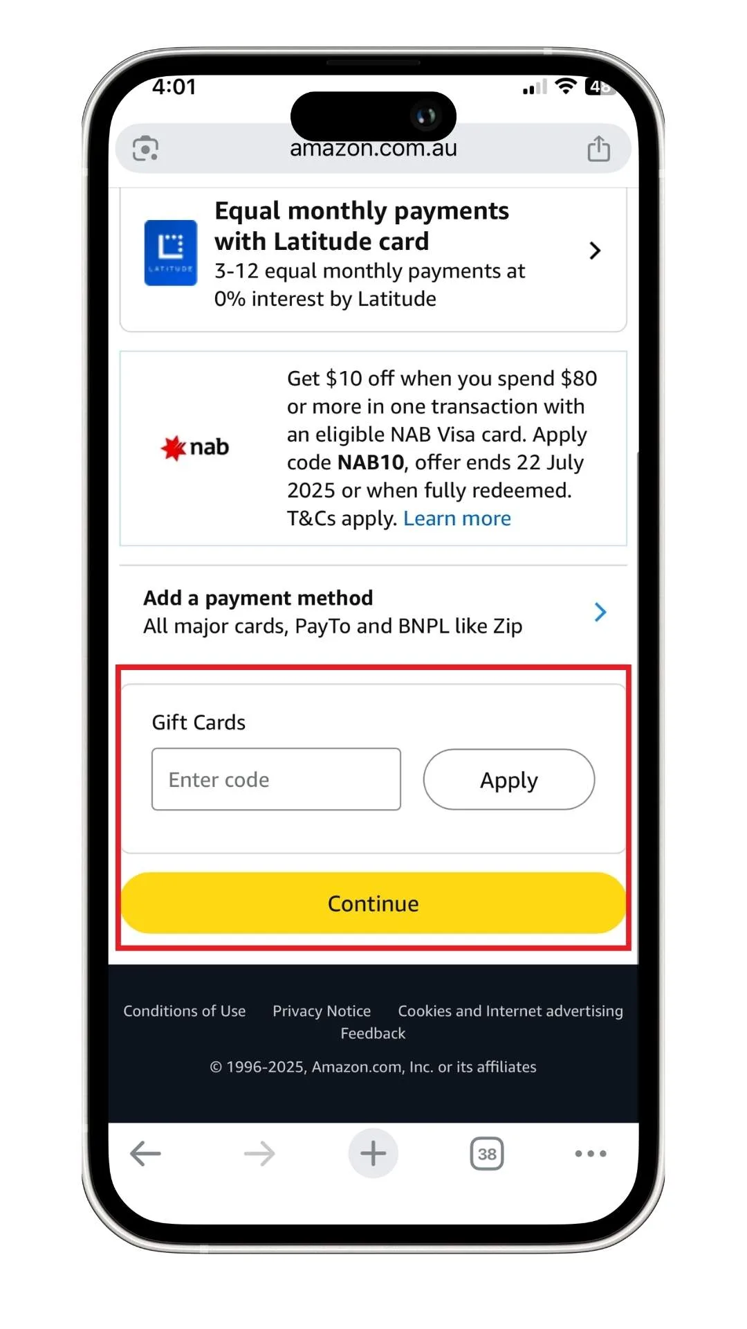 An Amazon promo code is entered in the same field as gift cards at the checkout.