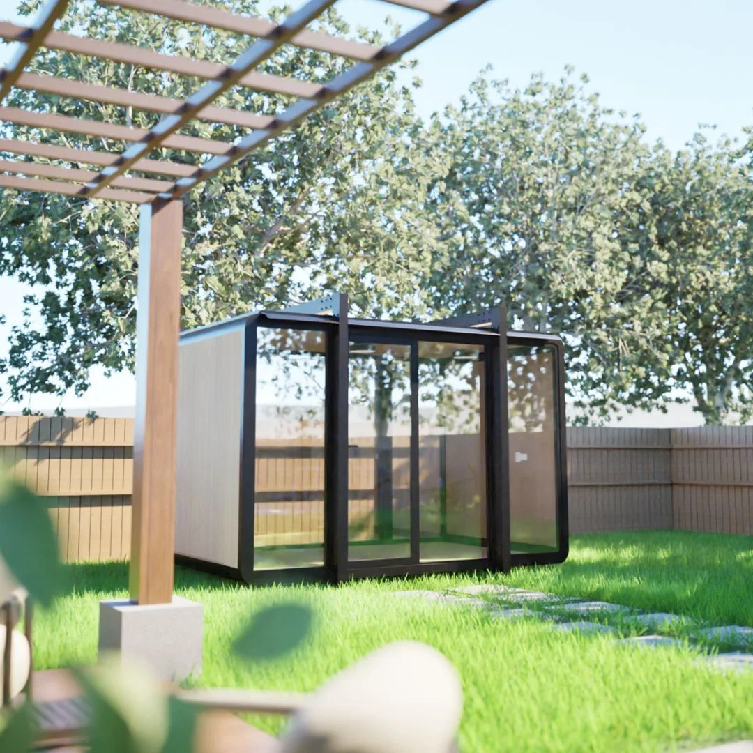 An computer generated illustration of a Bunnings tiny home by Elsewhere pods in a backyard