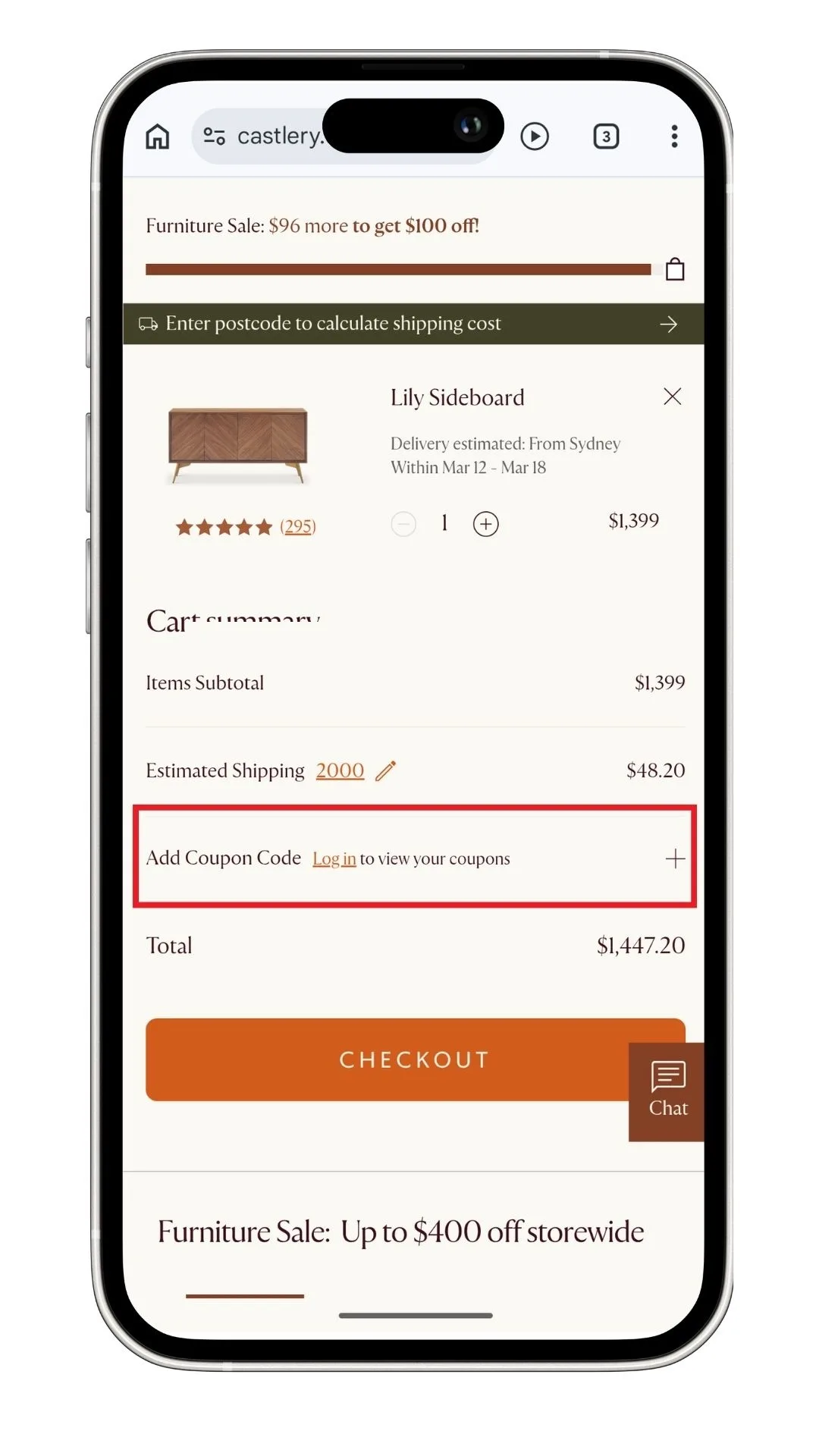 The Castlery discount code field is revealed after you click 'Add Coupon Code' at the checkout.