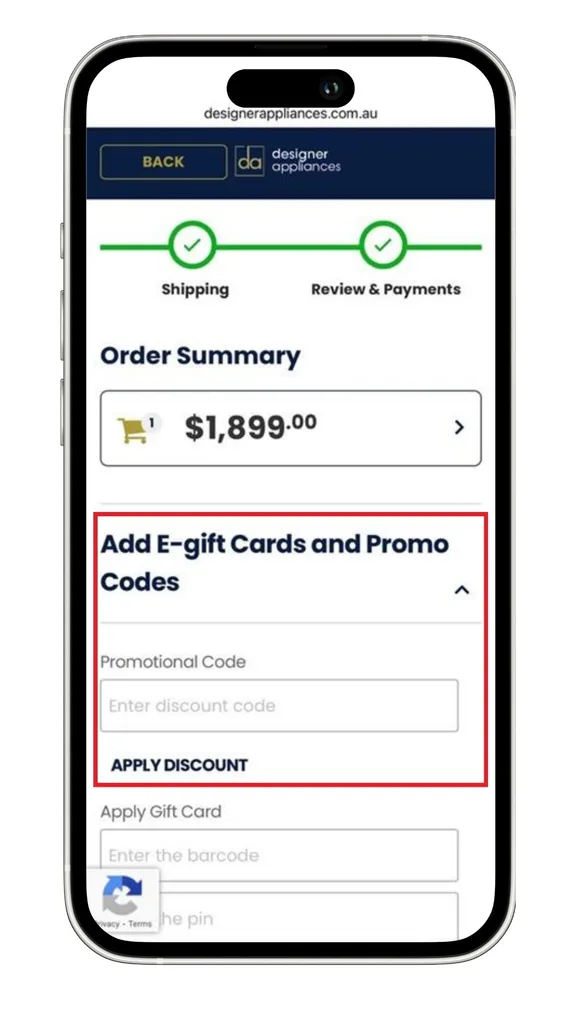 A screenshot of where to add a designer appliances discount code at checkout.