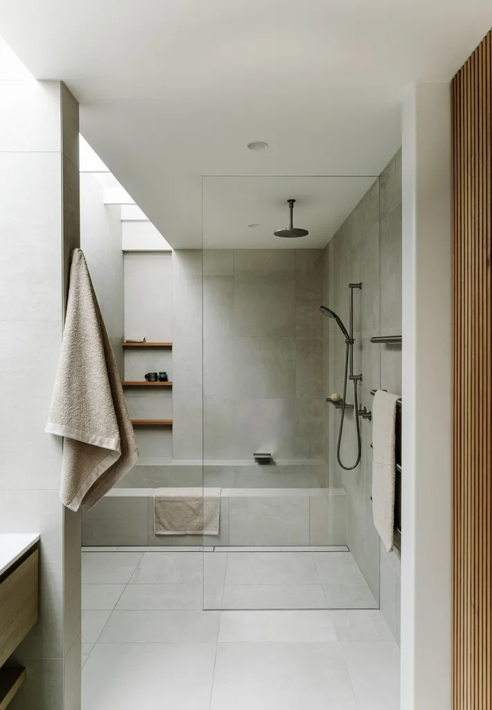 Modern bathroom with glass shower, gray tiles, towels, and built-in shelves holding decorative items.